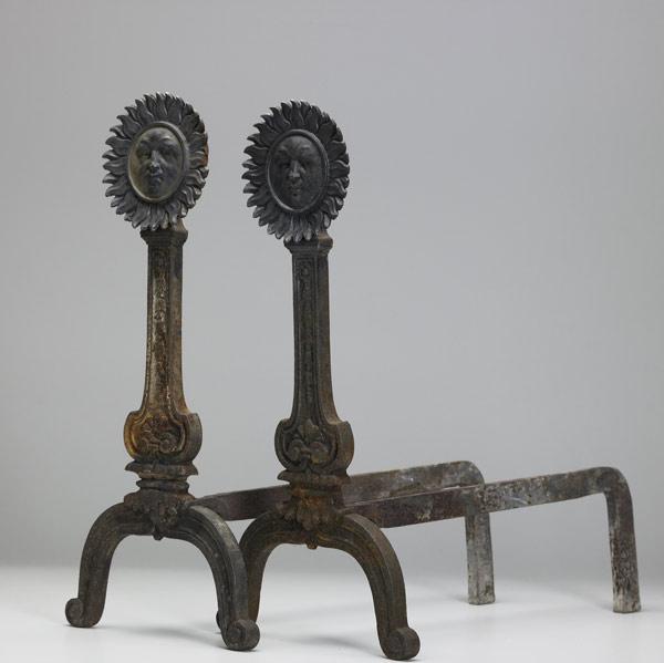 Appraisal: STYLE OF BRADLEY HUBBARD Andirons adorned with figural suns and