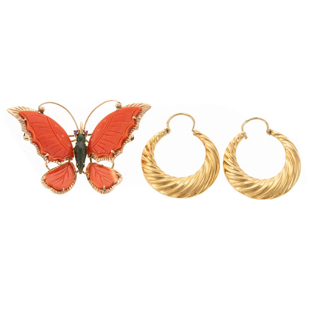 Appraisal: A Coral Butterfly Pin K Hoop Earrings K yellow gold