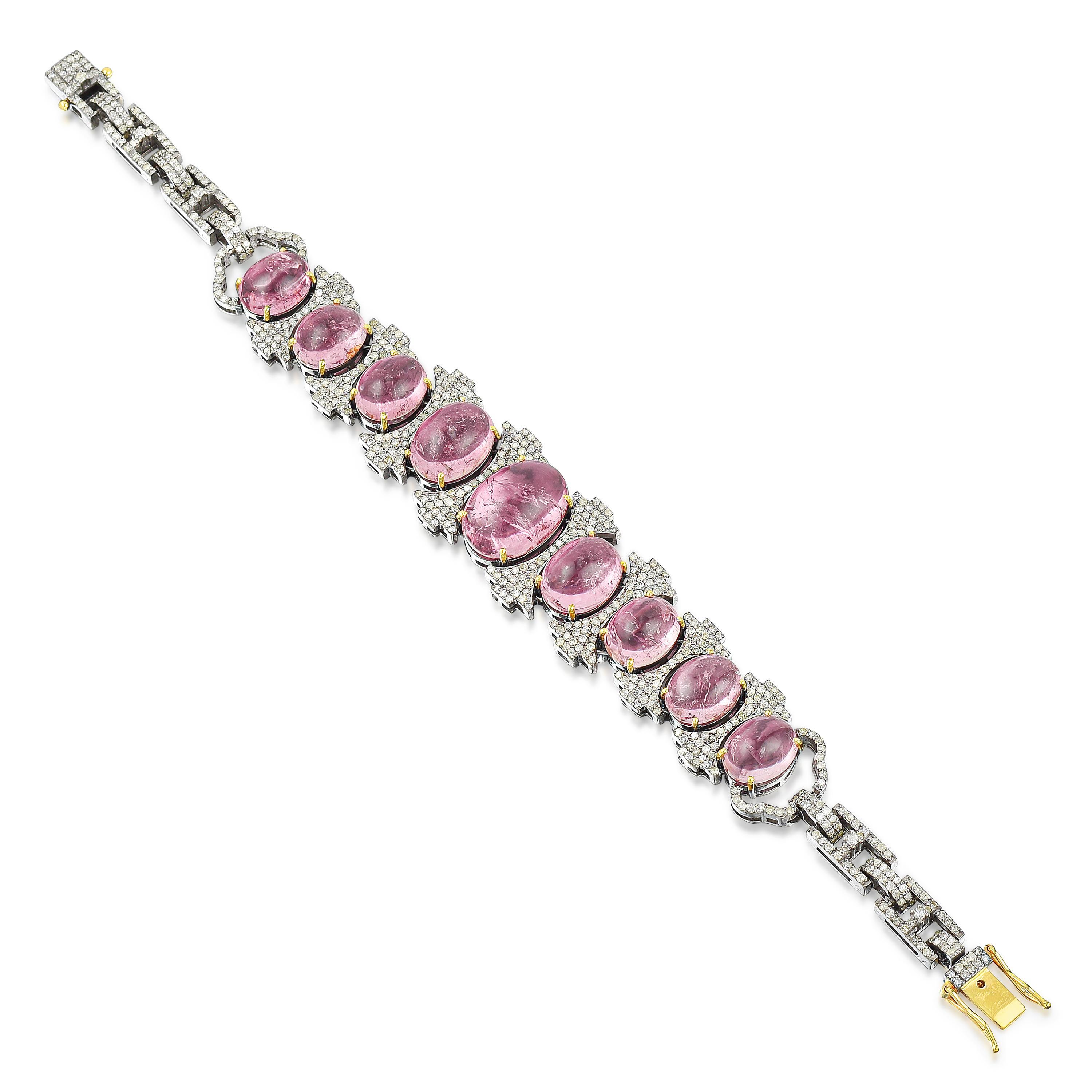 Appraisal: TOURMALINE AND DIAMOND BRACELET METAL silver with K tongue GEMSTONE