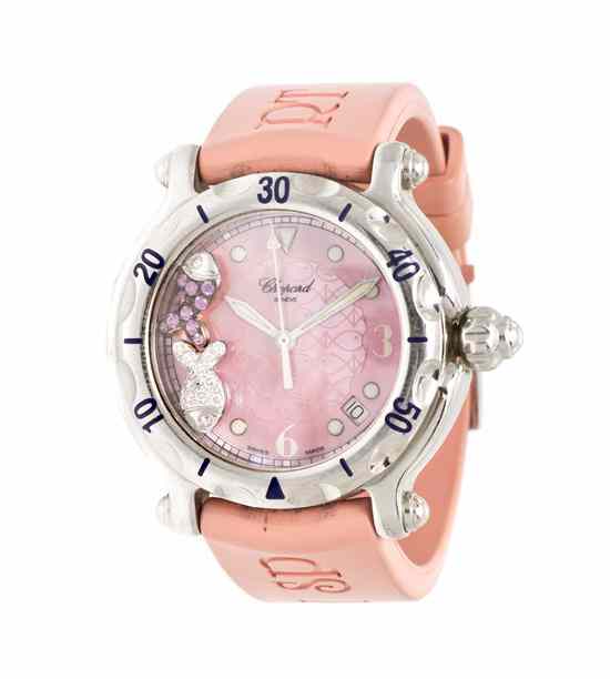 Appraisal: A Stainless Steel Diamond and Pink Sapphire Happy Sport Watch