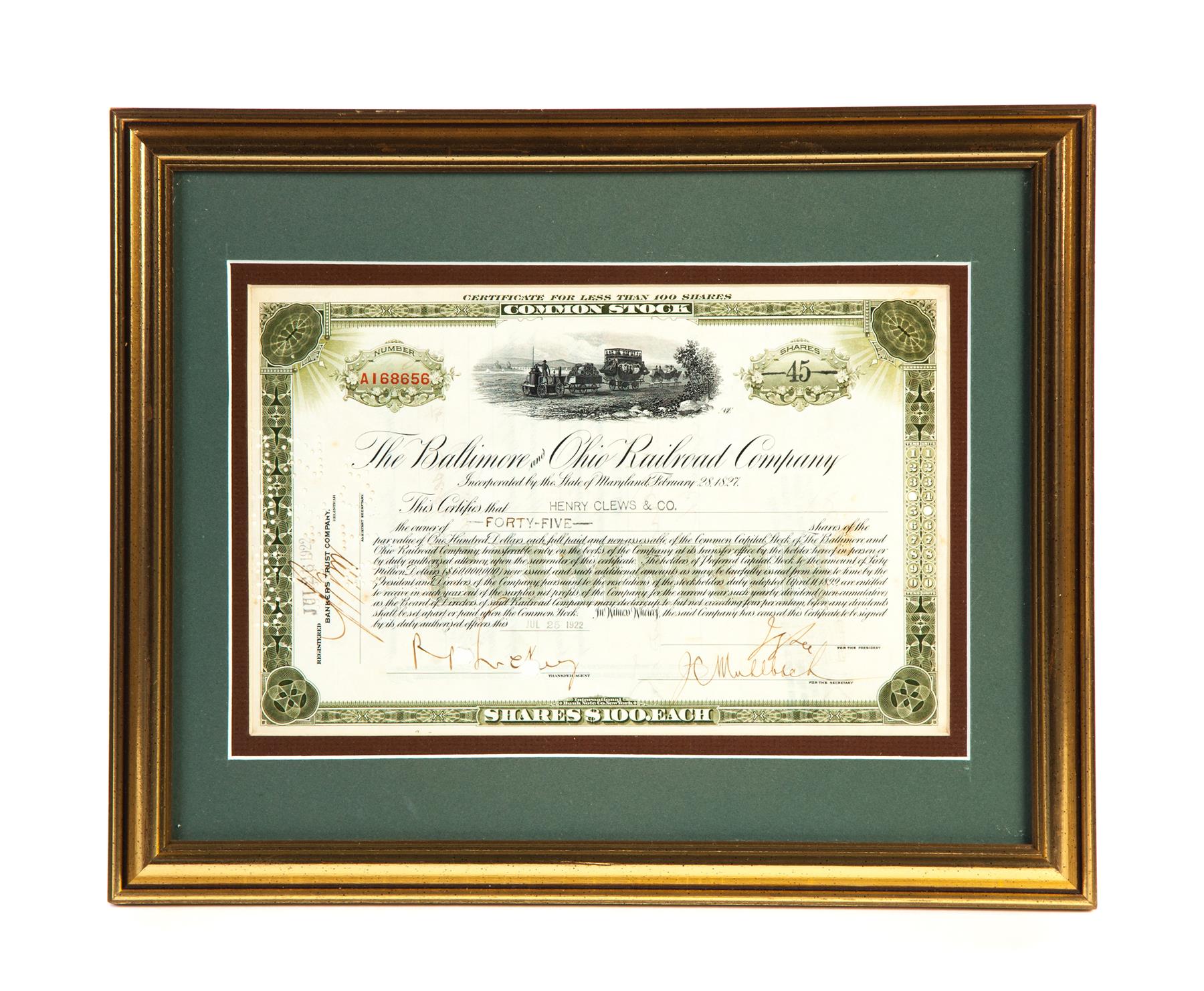 Appraisal: BALTIMORE AND OHIO RAILROAD STOCK CERTIFICATE American dated Nicely framed