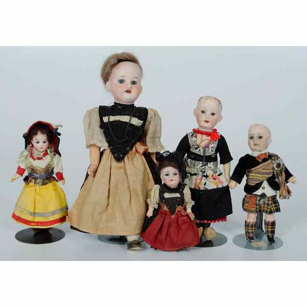 Appraisal: German Bisque Costumed Dolls Collection of five small German bisque