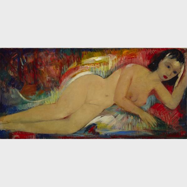 Appraisal: Janis Ferdinands Tidemanis - RECLINING DARK HAIRED NUDE Latvian Oil