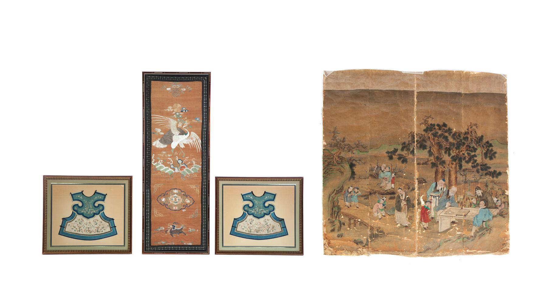 Appraisal: THREE CHINESE EMBROIDERED PANELS AND PAINTED SCROLL Twentieth century silk