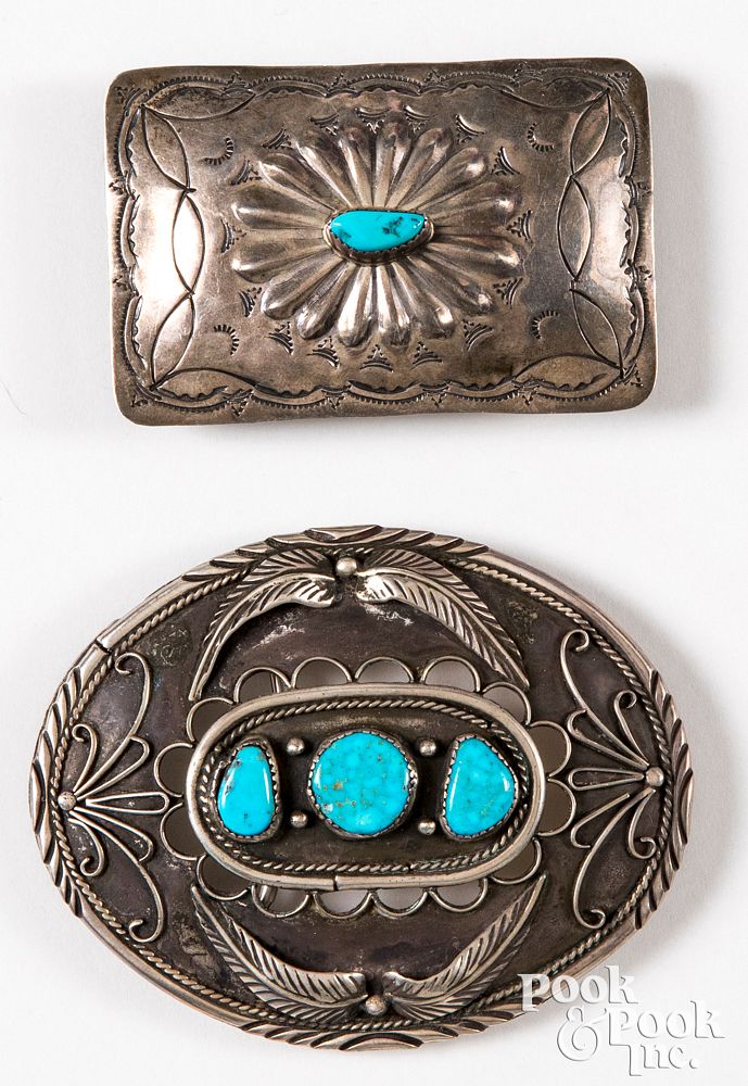 Appraisal: Two silver turquoise Native American belt buckle Two silver and