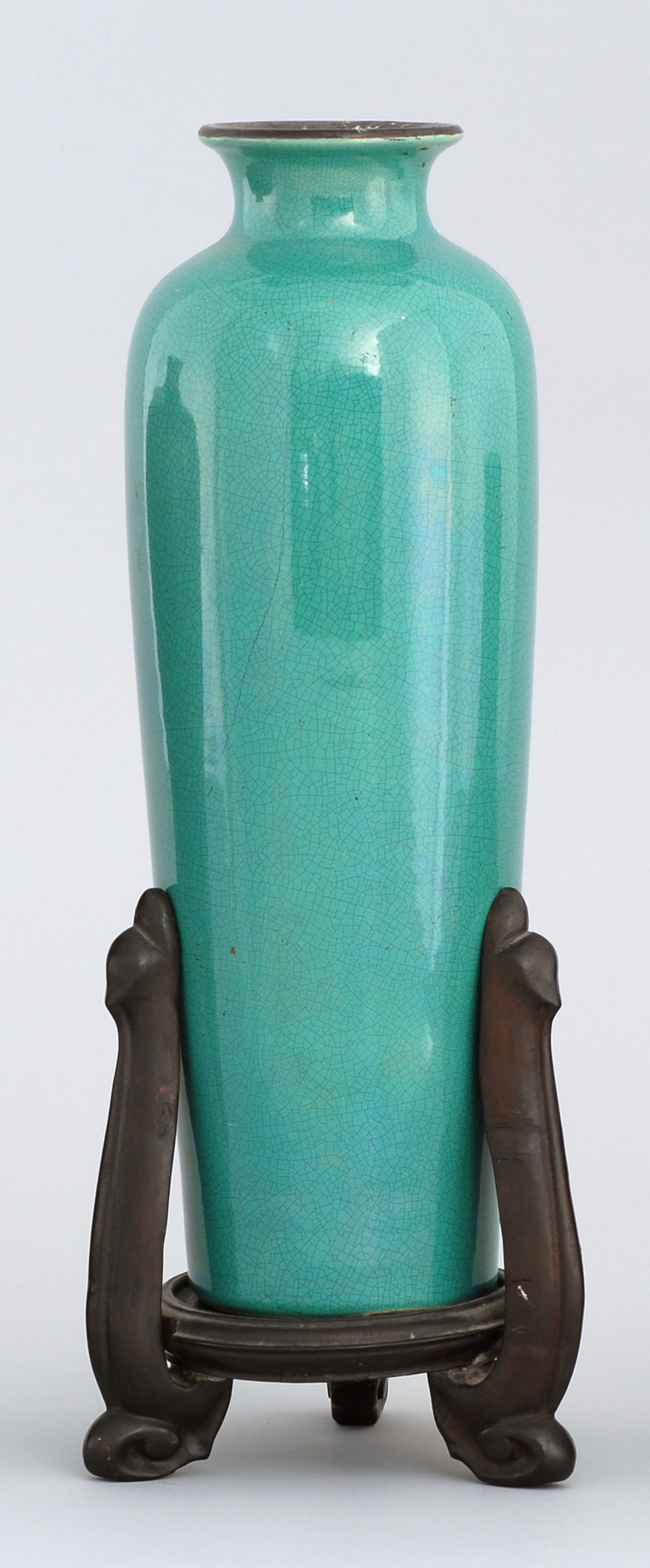 Appraisal: APPLE GREEN GLAZE POTTERY VASE th CenturyWith high shoulder and