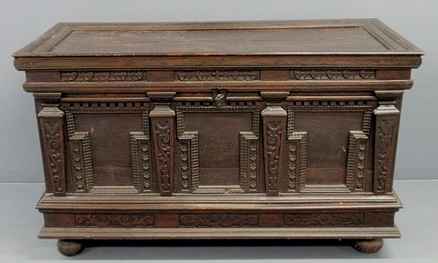 Appraisal: Massive Continental carved oak storage chest th th c h