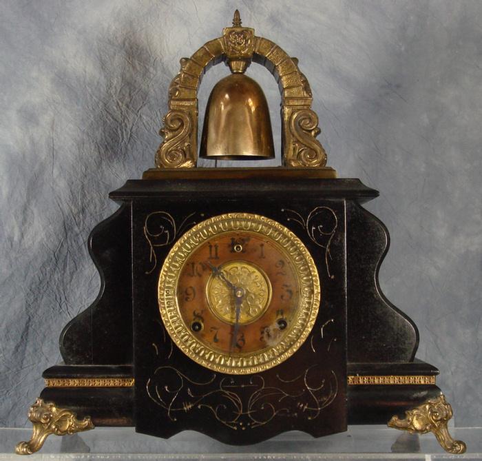 Appraisal: Gilbert Curfew black wood mantle clock exposed strike bell on