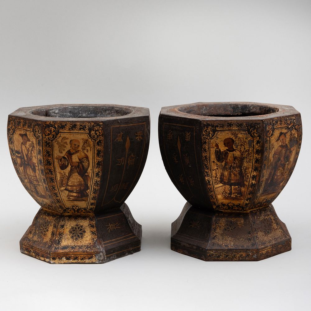 Appraisal: Pair of Chinoiserie T le Peinte Octagonal Jardini res x