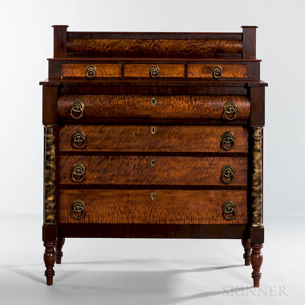 Appraisal: Classical Mahogany Bird's-eye Maple and Pine Red-stained and Smoke-painted Bureau