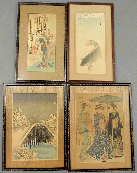 Appraisal: - Three Japanese woodblock prints and a koi fish print