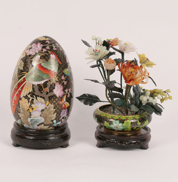 Appraisal: Cloisonne egg with stand and cloisonne planter with floral arrangement