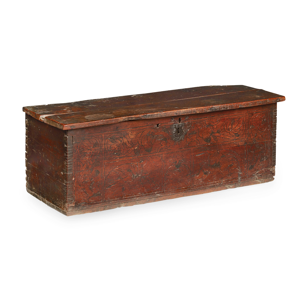 Appraisal: INCISED FRUITWOOD PLANK CHEST TH CENTURY the hinged plank top