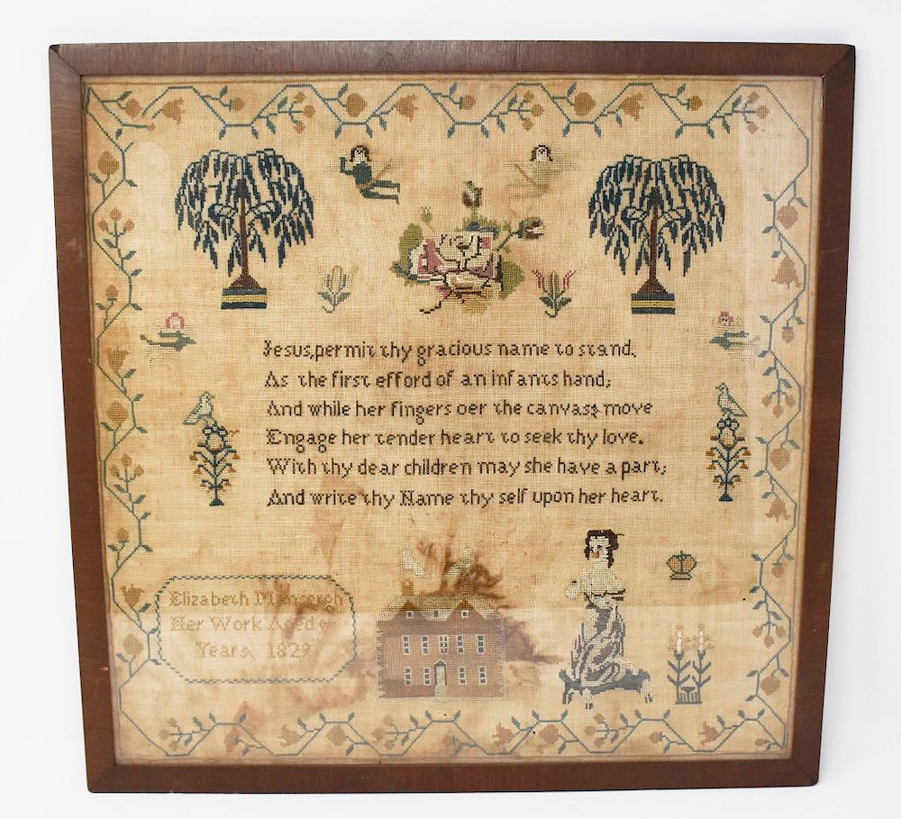 Appraisal: Elizabeth Mansergh Needlepoint Sampler Elizabeth Mansergh Needlepoint Sampler Frame measures