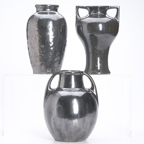 Appraisal: FULPER Three Mirror Black vases Chip to both square handles