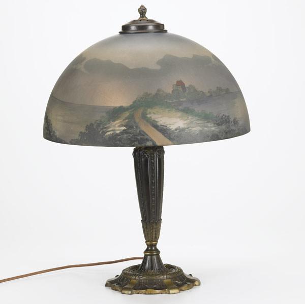 Appraisal: PITTSBURGH Table lamp with an obverse-painted glass shade in European