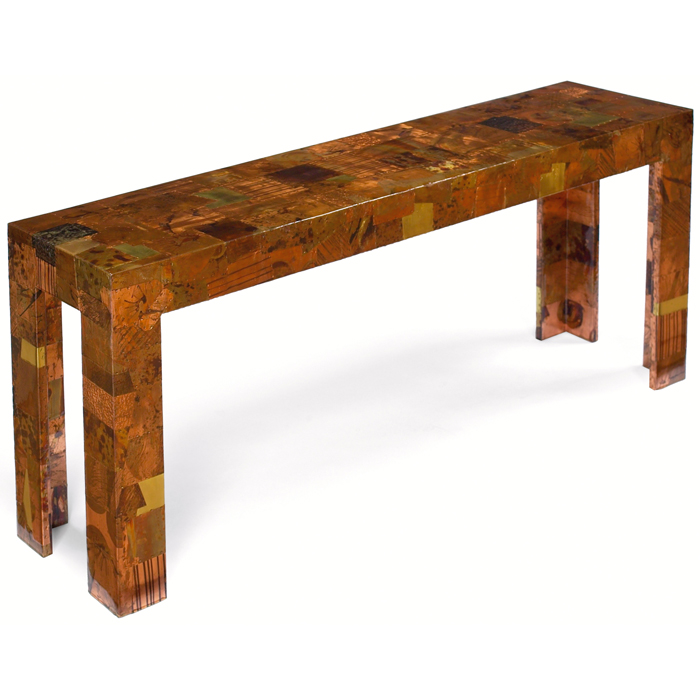 Appraisal: Silas Seandel console table USA attribution metal patchwork over wood