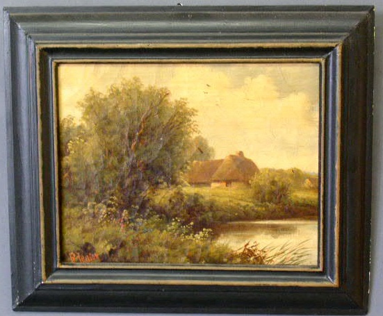 Appraisal: Oil on canvas painting of a thatched roof house by