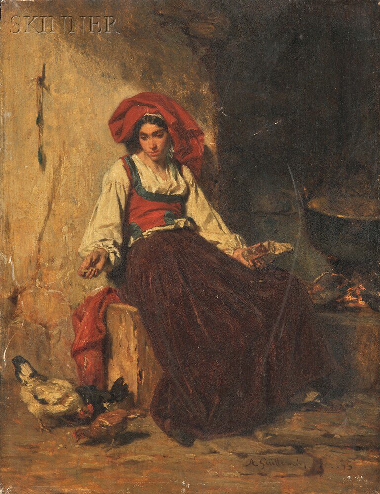 Appraisal: Alexandre Marie Guillemin French - Peasant Woman Feeding Chickens Signed