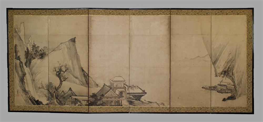 Appraisal: TEMPLE IN THE MOUNTAINS SIX PANEL SCREEN th C Edo