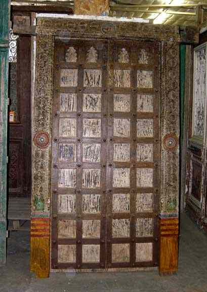 Appraisal: A North Indian Painted Teak Paneled Double Door with Jamb