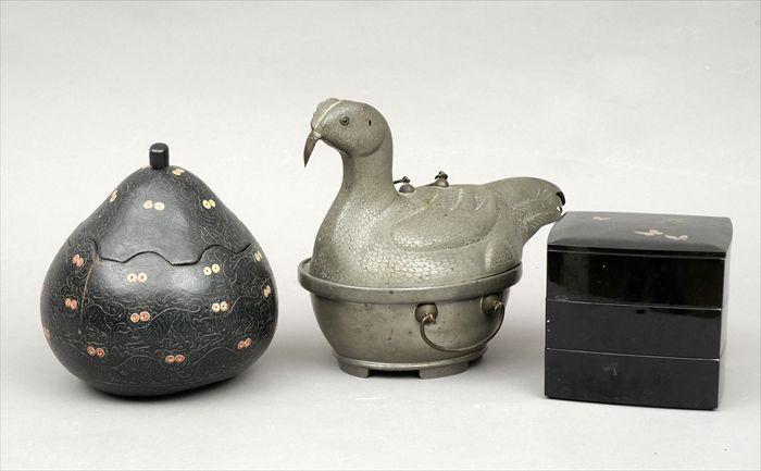 Appraisal: Chinese Pewter Duck-Form Tureen and Cover Japanese Three-Tier Lacquer Picnic