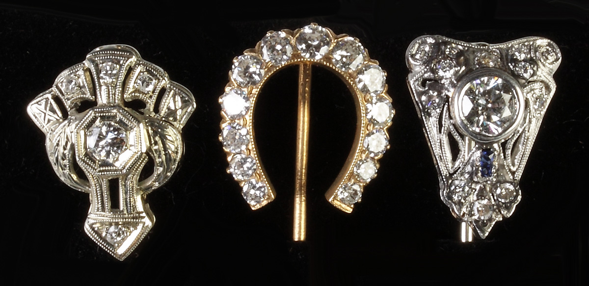 Appraisal: Three Vintage Diamond Gold Stick Pins