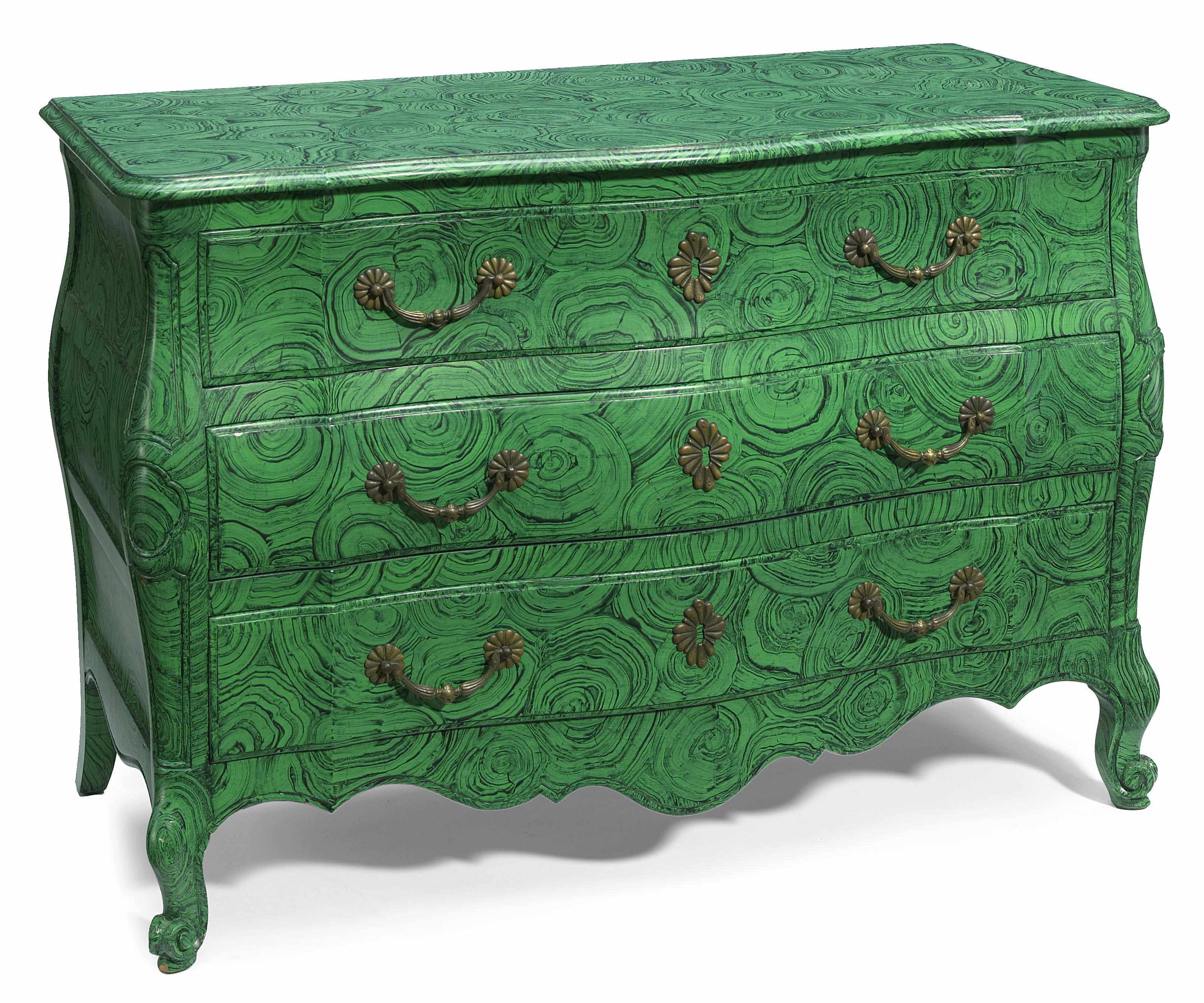 Appraisal: A Regency style faux malachite painted bomb commode paint decorated