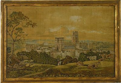 Appraisal: A needlework and painted picture of Durham x in x