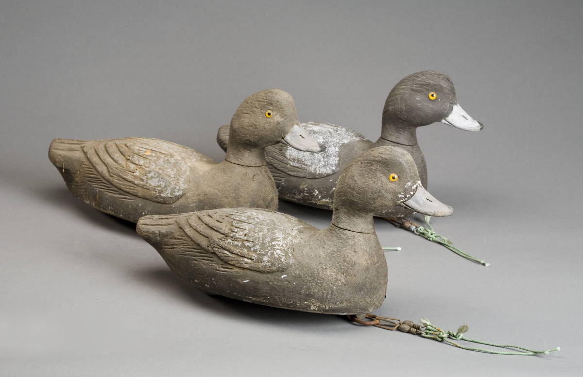 Appraisal: THREE CARVED AND PAINTED BLUEBILL DECOYS ATTRIBUTED TO THE PAQUETTE