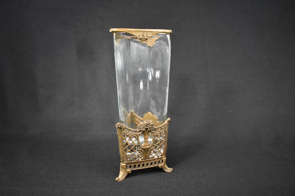 Appraisal: METAL MOUNTED COLORLESS GLASS VASEProbably French First Half of the