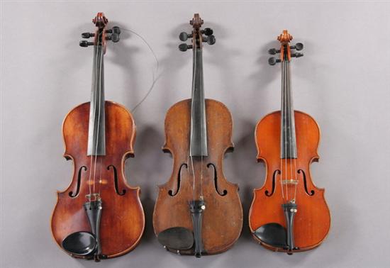 Appraisal: THREE CONTINENTAL VIOLINS One marked 'Lopf' on back with bow