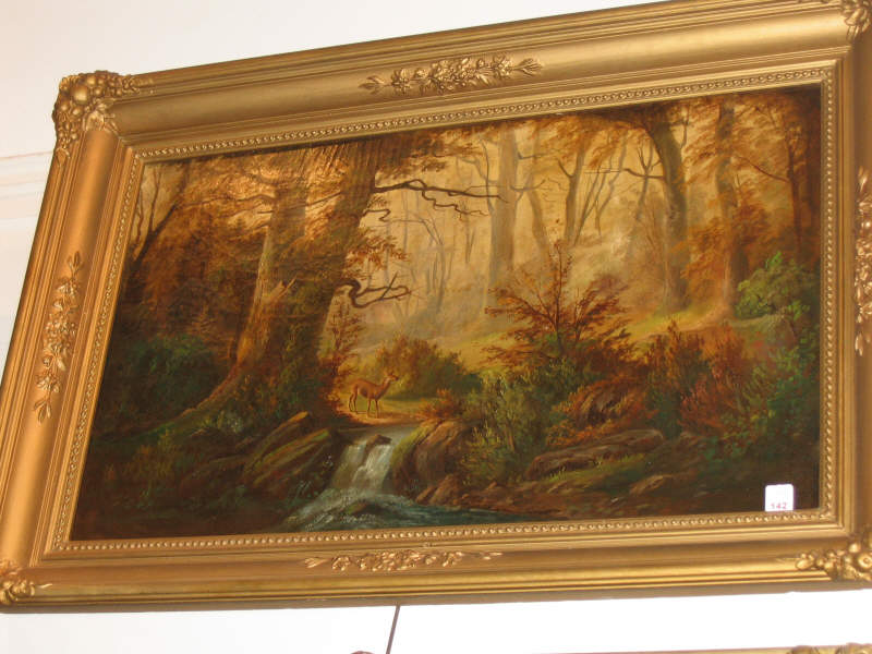 Appraisal: AMERICAN SCHOOL TH- TH CENTURY Woodland scene with deer beside