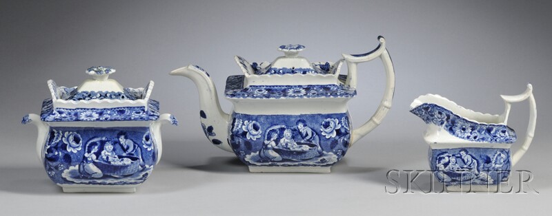 Appraisal: Three-piece Clews Blue and White Transfer-decorated Staffordshire Tea Set