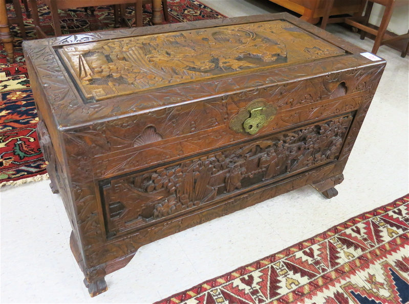 Appraisal: RELIEF-CARVED CAMPHOR WOOD BLANKET CHEST Chinese export th century the