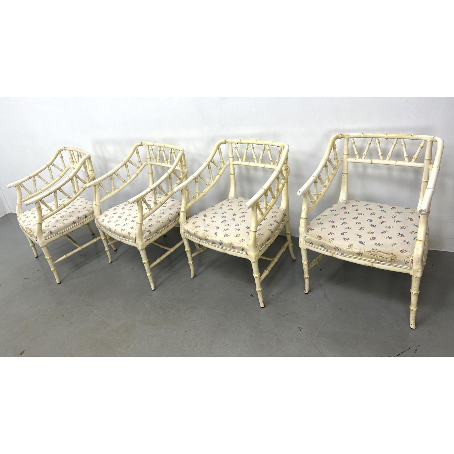 Appraisal: Set Faux Bamboo Lounge Arm Chairs Cream painted Dimensions H