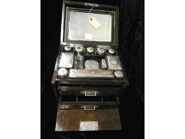 Appraisal: Victorian Travel Set with Silver Crystal Jars burl finish a