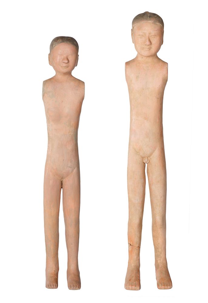 Appraisal: HAN DYNASTY EARTHENWARE ATTENDANTS HAN DYNASTY EARTHENWARE ATTENDANTS each standing