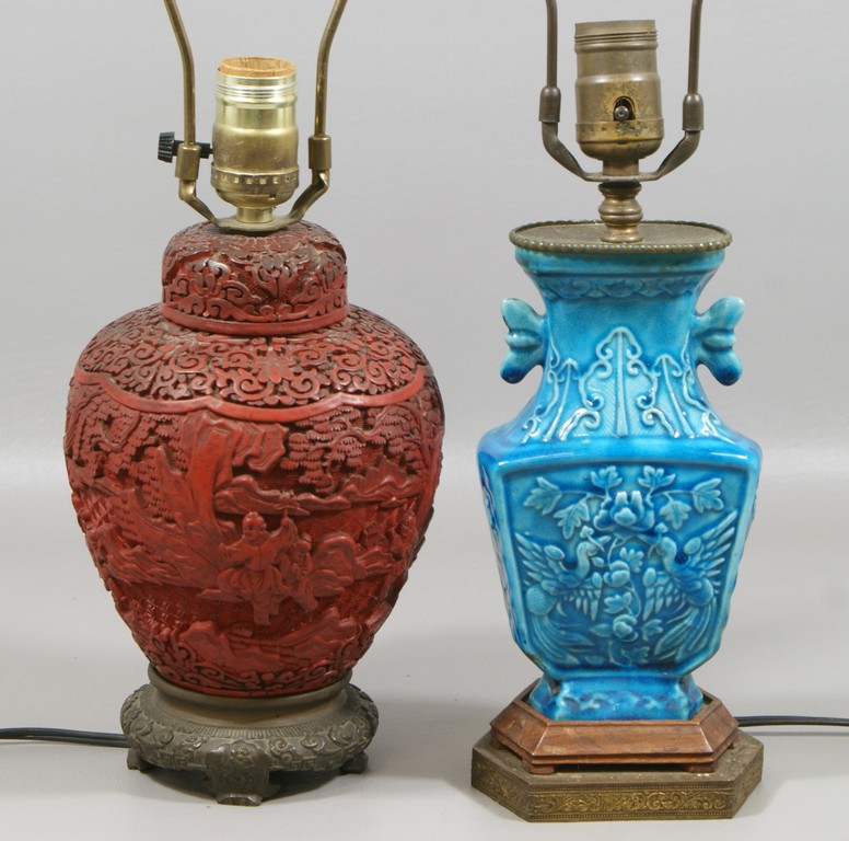 Appraisal: Chinese Lamps one cinnabar lacquer ginger jar - h one