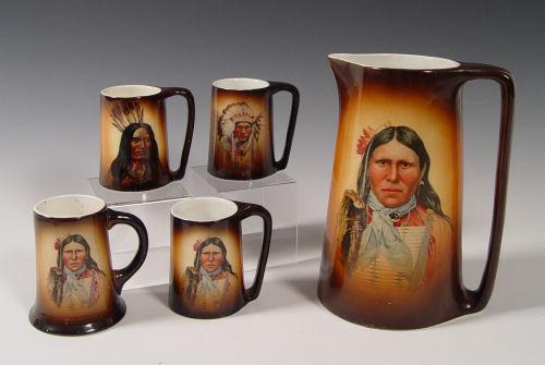 Appraisal: PIECE WARWICK IOGA INDIAN PORTRAIT PITCHER AND MUGS The pitcher