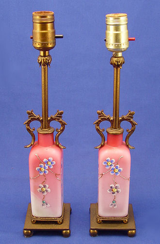 Appraisal: PAIR OF PEACH BLOW ART GLASS VASES MOUNTED AS LAMPS