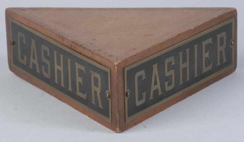 Appraisal: Early Wooden Triangular Cashier Sign Description Circa s The word