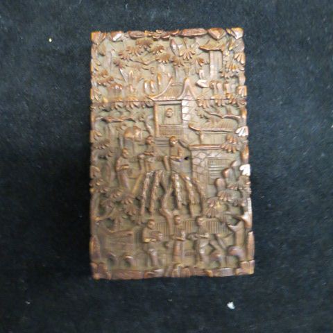 Appraisal: Chinese Carved Wooden Calling Card Case elaborate scenes with villagers