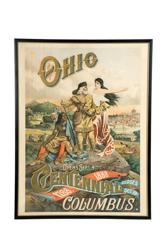 Appraisal: FRAMED OHIO CENTENNIAL LITHOGRAPH Large litho depicting a settler flanked