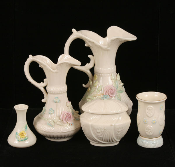 Appraisal: Belleek porcelain decorative items embossed and applied florals two ewers