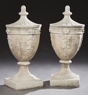 Appraisal: Pair of Covered Cast Stone Garden Urns th c t