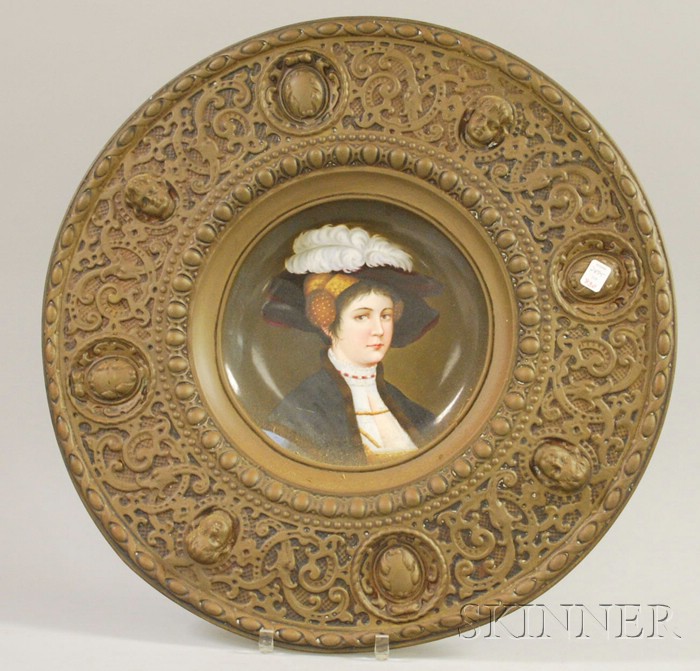 Appraisal: Late Victorian Renaissance Revival Repousse Brass Framed Hand-painted Porcelain Portrait