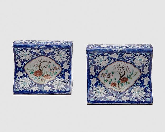 Appraisal: Pair of Chinese Blue Ground Floral Decorated Porcelain Pillows th