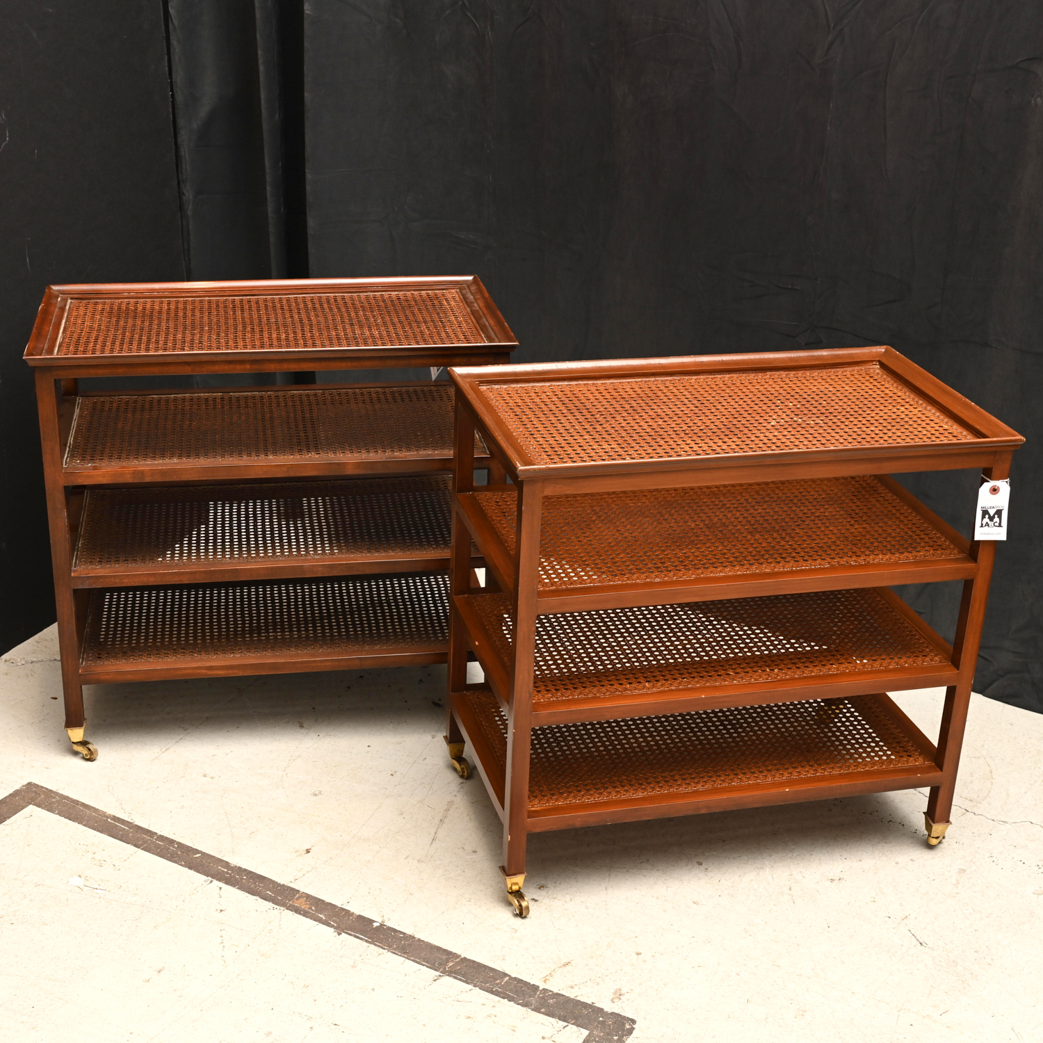 Appraisal: NICE PAIR CONTEMPORARY CANED ETAGERE SIDE TABLES st c possibly