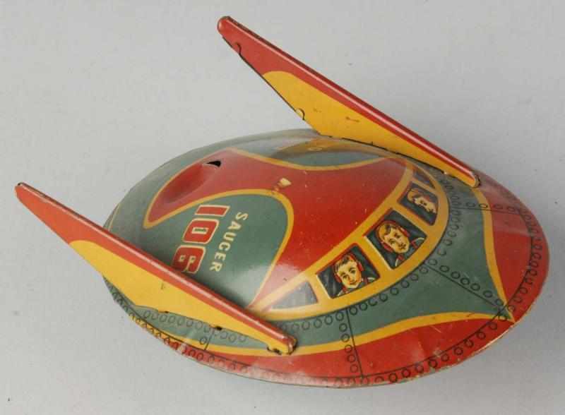 Appraisal: Tin Litho Flying Saucer Space Friction Toy Description Japanese Working